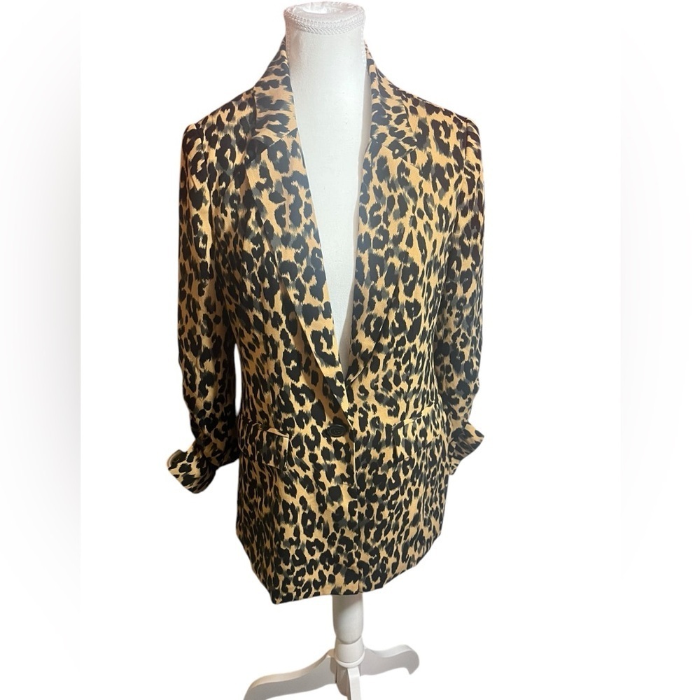 Leopard Print Women's blazer lightweight rusched sleeves one button front S/M